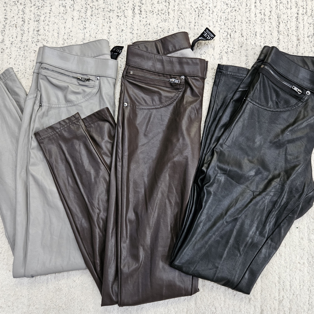 HUE Women's Faux Leather Leggings - Gray, Brown, Black Set of 3
